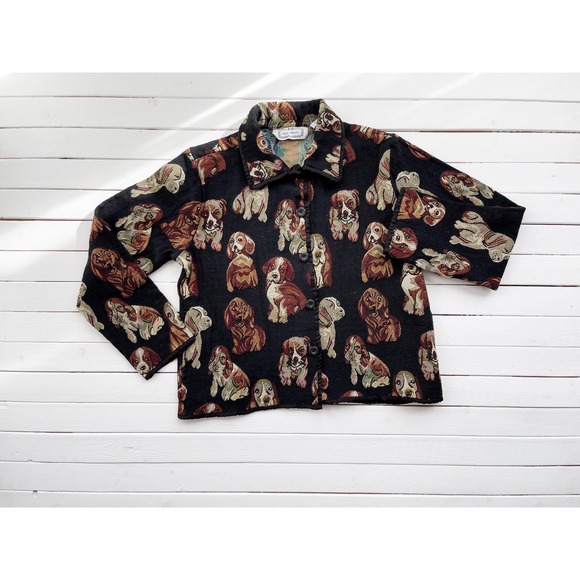 vtg Sara Studio black puppy dog cottagecore woven tapestry jacket coat - Picture 2 of 5